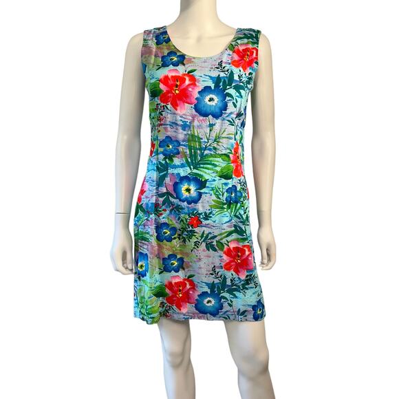 Vintage 90s Jams World Hawaiian Tropical Print Floral Summer Shift Dress, S - Picture 2 of 9